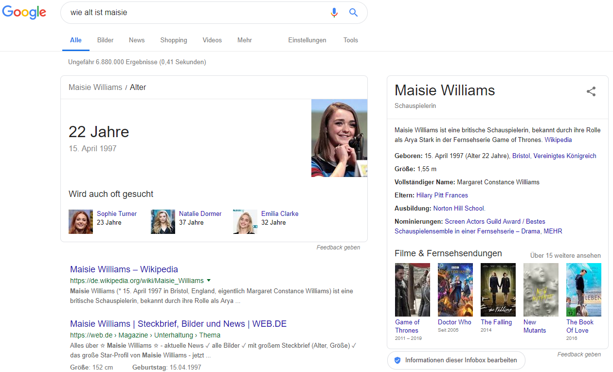 SERPs zur Suchanfrage "Wie alt ist Maisie" bei Google. © Screenshot seo-trainee.de