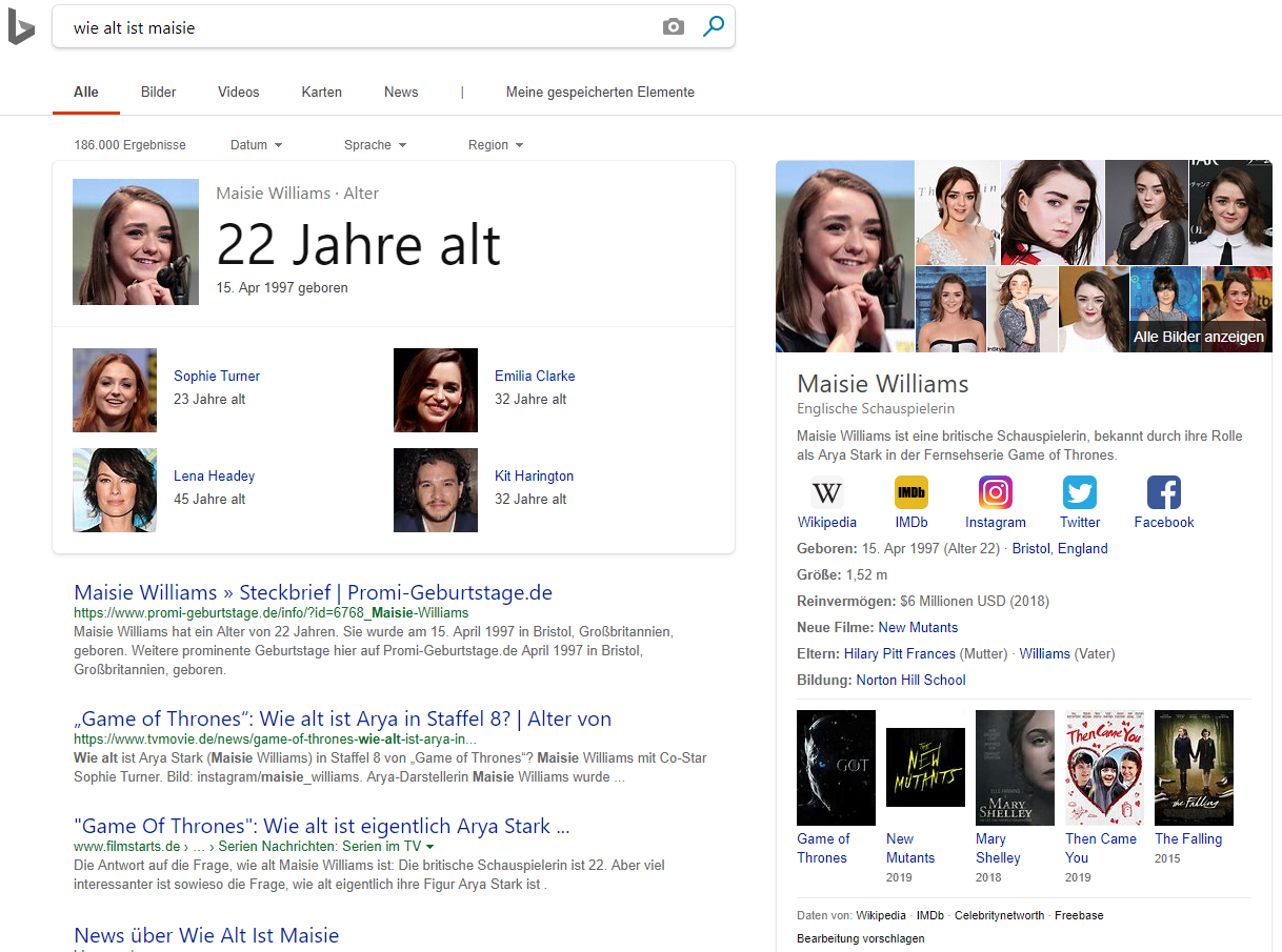 SERPs zur Suchanfrage "Wie alt ist Maisie" bei Bing. © Screenshot seo-trainee.de