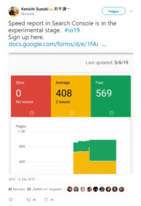 Twittermeldung über den neuen Speed Report der Search Console