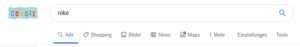 Die Shopping-Rubrik wird bei dem Brandkeyword "nike" als zweites in der Suchleiste aufgelistet.