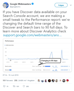 Twitter-Meldung zum Performance-Report für Google Discover.