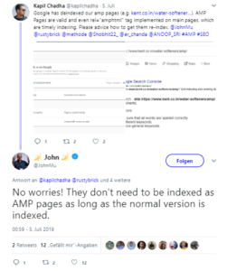 Twitter-Meldung zum Thema Indexierung von AMP-Versionen von Seiten.