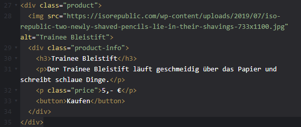 So sieht das Produkt "Trainee Bleistift" in HTML aus.