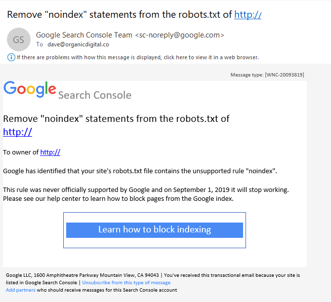 Die Noindex-Benachrichtigung, die an betroffende Webmaster von Google verschickt wurde.