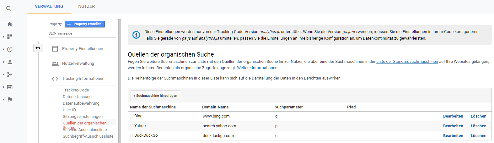 Verwaltungsansicht in der Property-Einstellung von Google Analytics