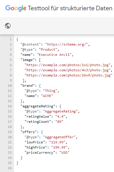 So sieht das JSON-LD-Markup für "Shopping-Aggregator-Seite" aus.