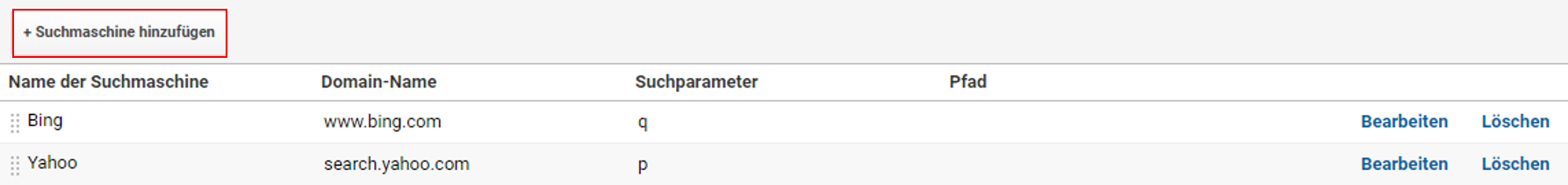 Die rote Umwandung zeigt, wo Suchmaschinen in den Property-Einstellungen hinzugefügt werden können.