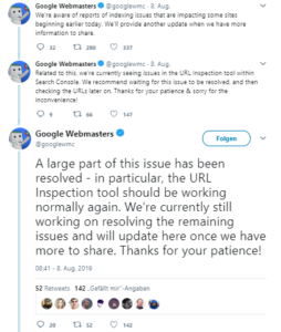 Twittermeldung zu der Behebung von Googles Indexierungsproblemen.