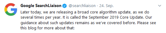 Das September 2019 Core Update wurde am 24. September 2019 von Google auf Twitter angekündigt.