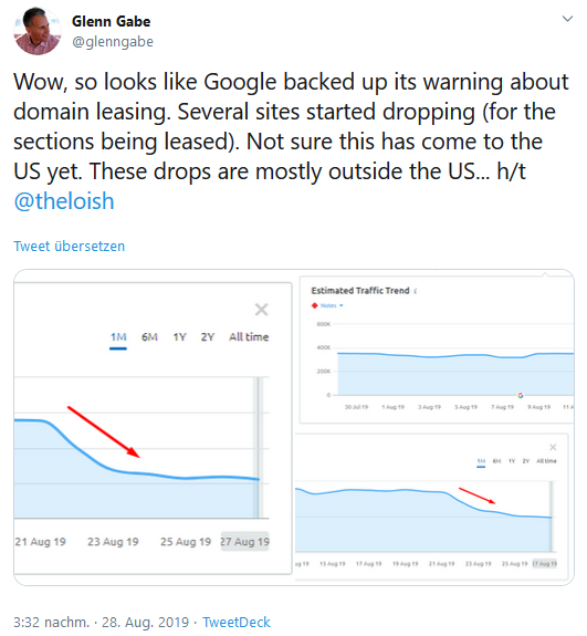 Glenn Gabe teilt seine Beobachtungen über Ranking-Verluste einer White-Label-Seite auf Twitter.