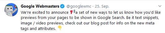 Google Webmaster kündigt neue Optionen für mehr Snippet-Kontrolle auf Twitter an.