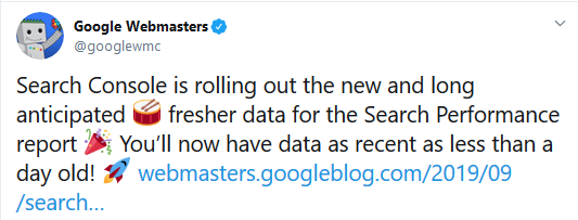 Google Webmasters kündigt auf Twitter an, dass die Daten der Google Search Console nach einem Tag aktualisiert werden.