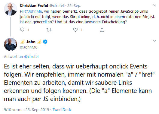 John Mueller empfiehlt generell a- oder href-Elemente zu verwenden.