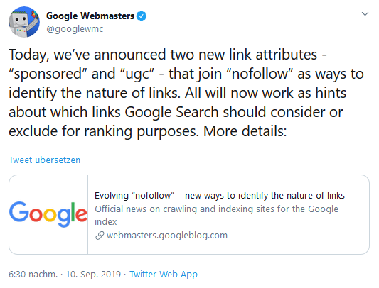 Google Webmaster kündigt die Einführung der neuen Link-Attribute über Twitter am 10. September 2019 an.