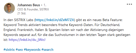 Johannes Beus kündigt auf LinkedIn den neuen Sistrix-Bereich "Keyword Trends" an.