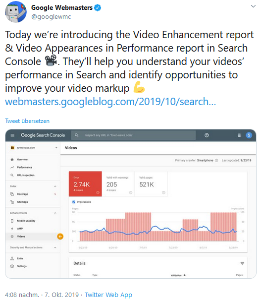 Neuer Video-Report in der Google Search Console