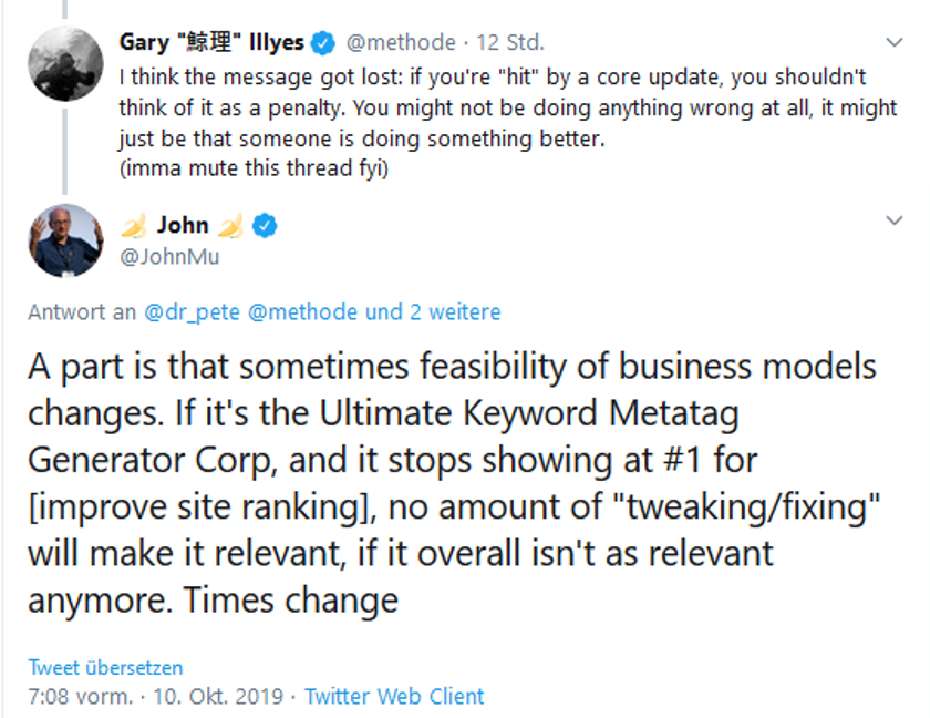 Gary Illes und John Mueller äußerten sich auf Twitter zu Core-Updates.