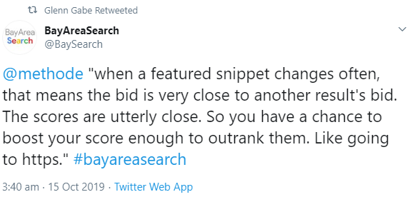 Tweet von BayAreaSearch zu ständig wechselnden Featured Snippets.