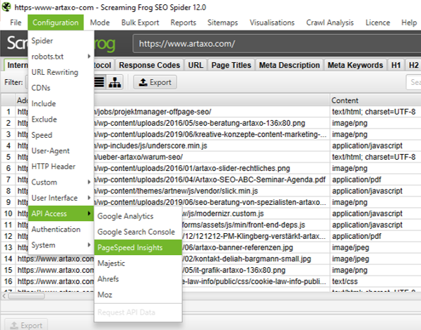 Bevor Ladezeiten-Reportings in Screaming Frog verfügbar sind, muss die API von PageSpeed Insights verknüpft werden.