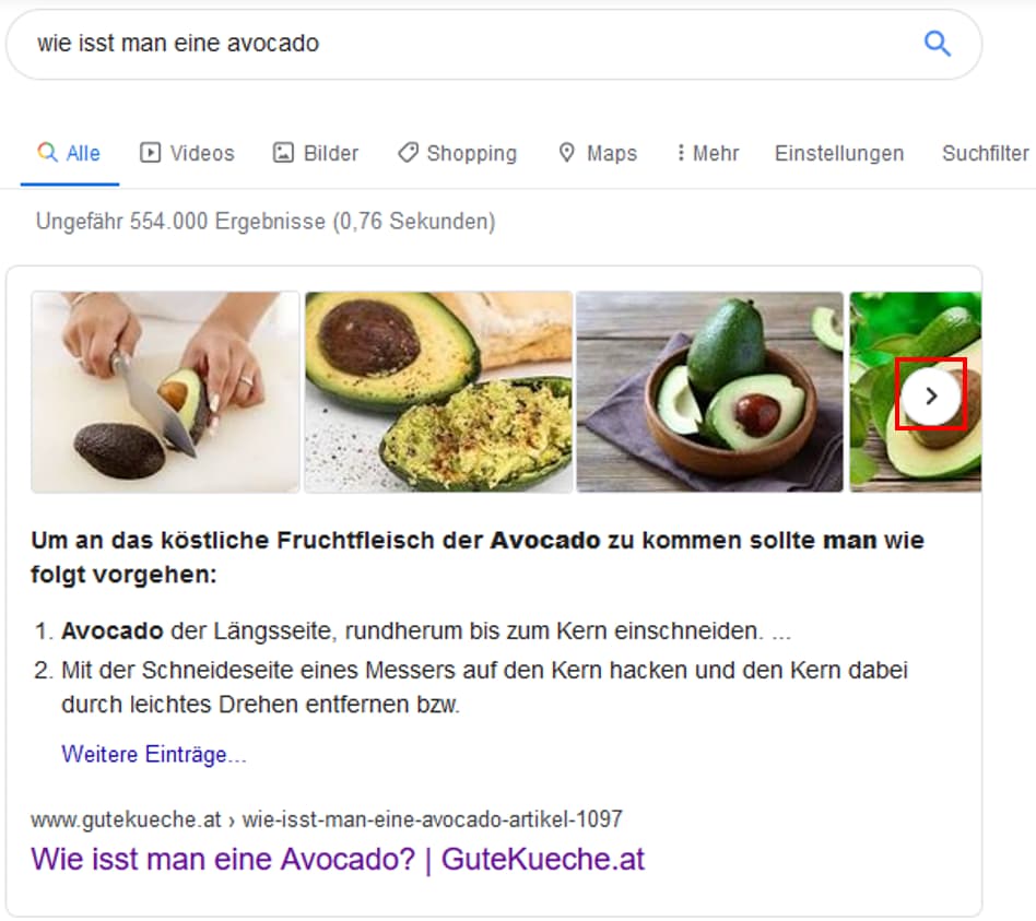 Bilderkarussell bei Featured Snippets