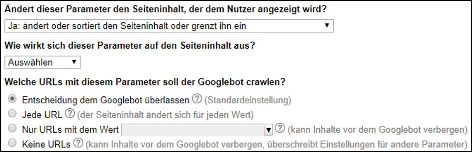 Einstellungen für ändernde Seitninhalte bei dem URL Parameter Tool