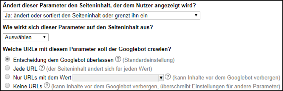 Einstellungen für gleichbleibende Seiteninhalte bei dem URL Parameter Tool