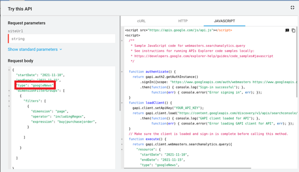 Darstellung der Search Analytics API inklusive der neuen Verbindungsmöglichkeit mit googleNews.