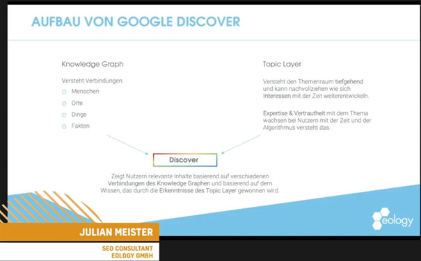 Beschreibung der beiden Algorithmen (Knowledge Graph und Topic Layer, die bei Google Discover zusammenspielen.