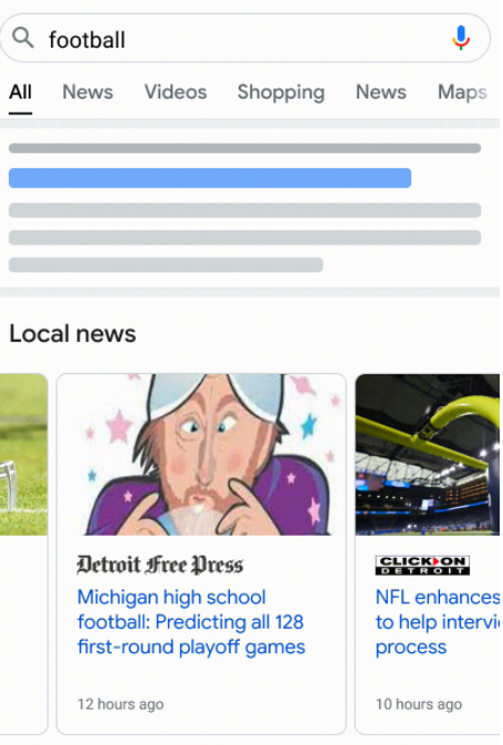 Lokale Nachrichten in den Local News von Google. Das Beispiel zeigt Michigan High School Football beim KW football