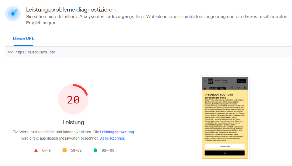 Abschnitt für Felddaten bei PageSpeed Insights am Beispiel von www.aboutyou.de