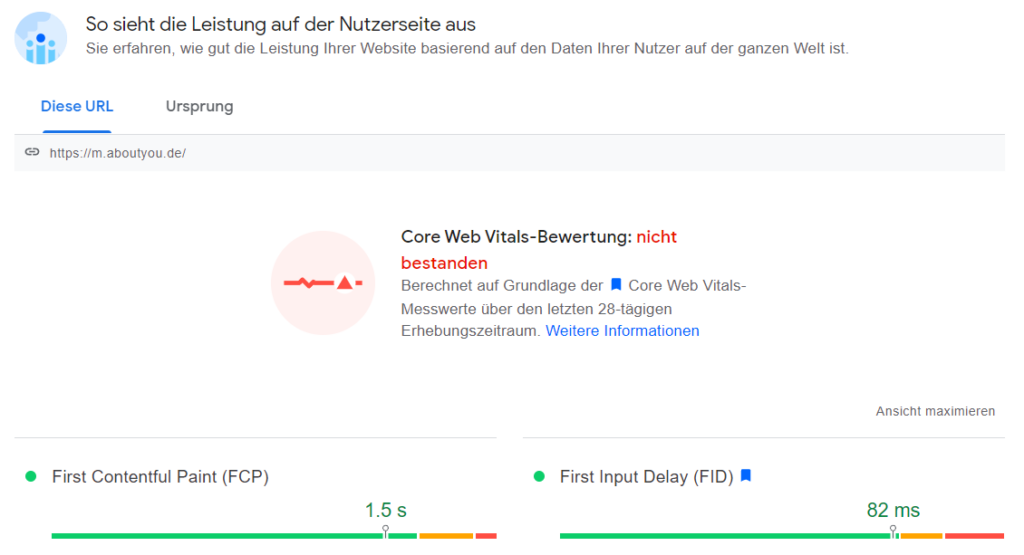 Abschnitt für Labdaten bei PageSpeed Insights am Beispiel von www.aboutyou.de