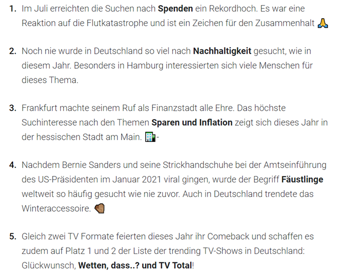 Monatsrückblick Dezember: Fünf durchnummerierte Aussagen zu Suchanfragen, die im Jahr 2021 besonders häufig vorkamen.