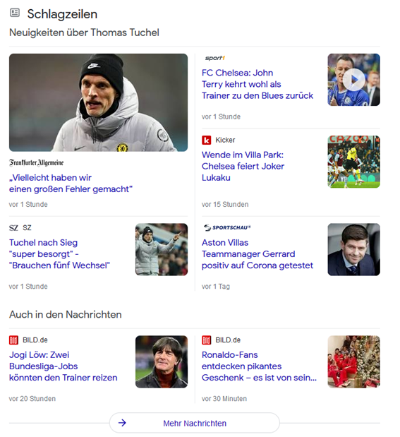 Monatsrückblick Dezember: Screenshot der Google-Schlagzeilen für das Keyword "fußball".