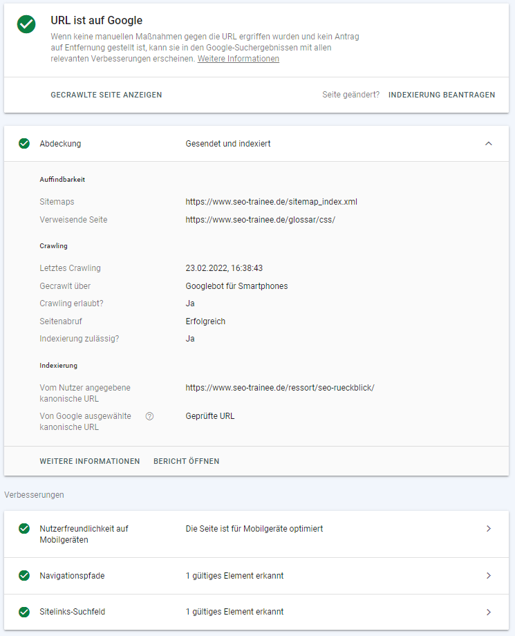 Screenshot aus dem URL-Prüfungstool für die URL https://www.seo-trainee.de/ressort/seo-rueckblick/