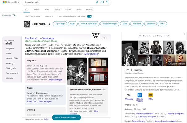Bing bietet für viele Search Querries nun direkt aus Wikipedia entnommene Ausschnitte an.