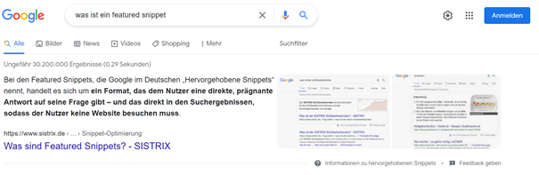 Beispiel eines Featured Snippets für die Suchanfrage „was ist ein featured snippet“, Quelle: Eigene Aufnahme. Quelle: Eigener Screenshot 