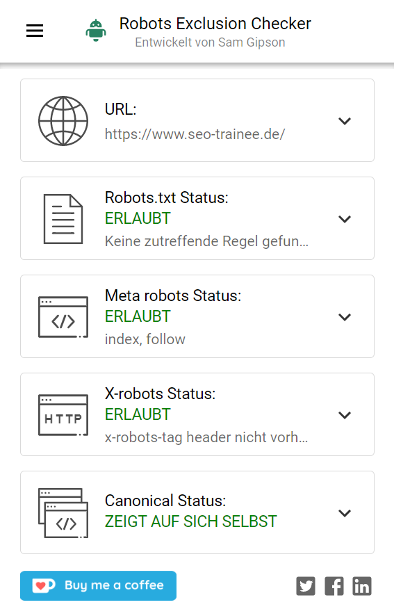 Robots Exclusion Checker Extension mit Werten für seo-trainee.de, Quelle: eigene Aufnahme.