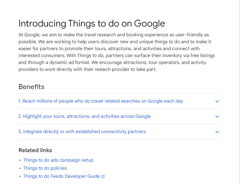 Screenshot von Einführungstext der „Things-to-do“ Ads von Google, Quelle: support.google.com