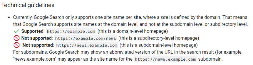 Technische Richtlinien für die Ergänzung von Website-Namen. Quelle: Google Search Central