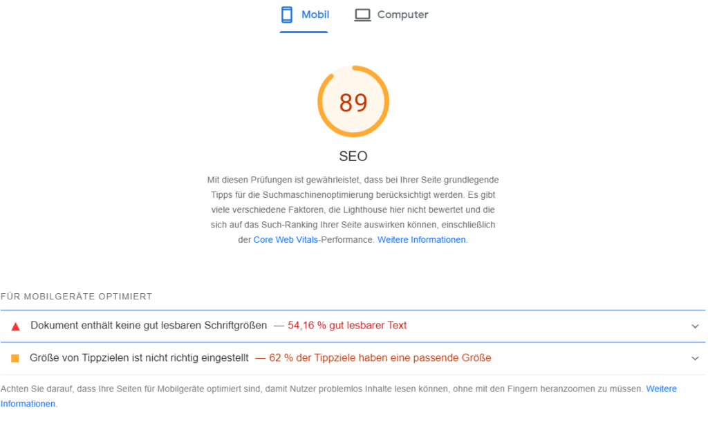 Detailliertere Ansicht der SEO-KPI bei PageSpeed Insights