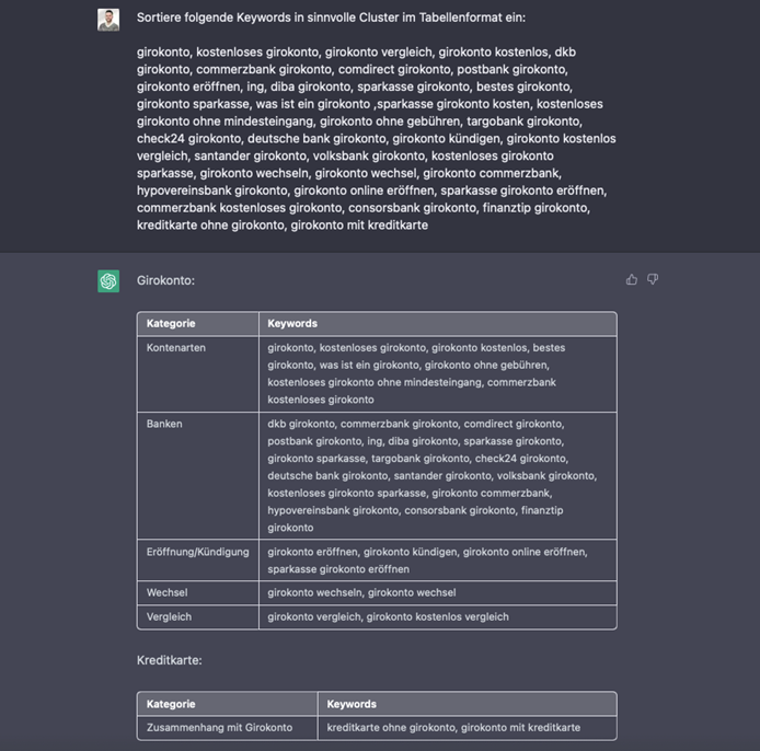 ChatGPT Keyword-Clustering von Themen, Quelle: koschlinkperformance.de