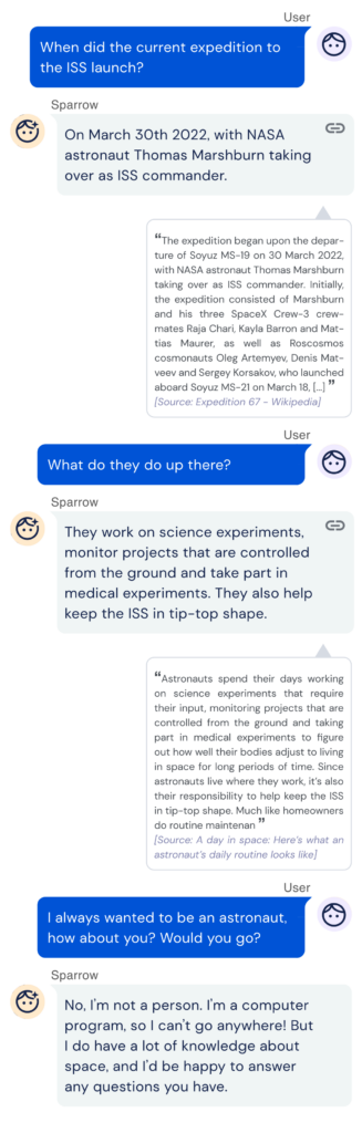 Beispielantworten von Sparrow mit Quellenangabe und der Befolgung der "Keine menschliche Person"-Regel. Quelle: DeepMind