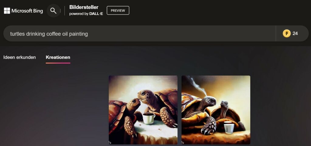 AI-Bildkreation mit dem Bing-Chat. Hier trinken 2 Schildkröten Kaffee in einem Ölgemälde. Quelle: Eigener Screenshot