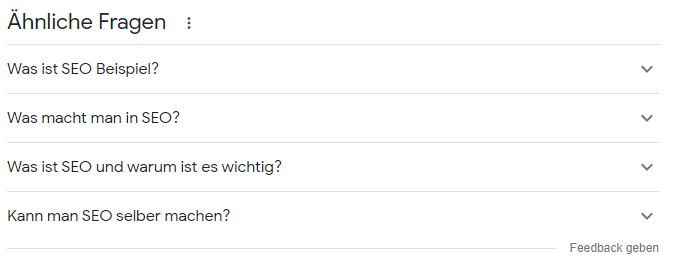 Beispiel einer Ähnliche-Fragen-Box zur Suchanfrage "Was ist SEO?". Quelle: Eigener Screenshot