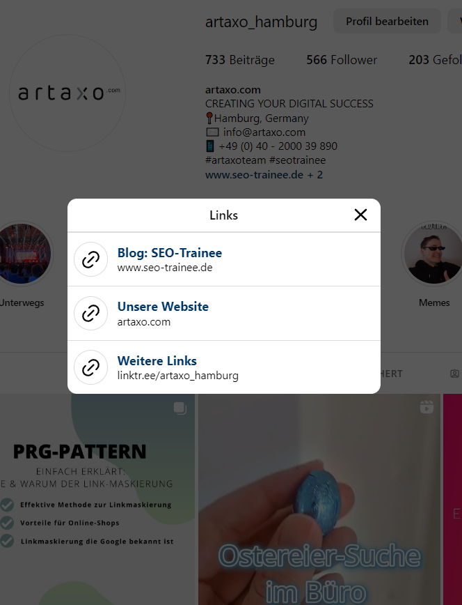 So sehen die Links z. B. in der Desktop-Version auf unserem artaxo-Profil aus. Quelle: instagram.com/artaxo_hamburg