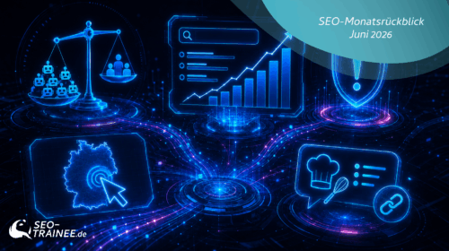 Neon-Infografik mit SEO-Chart, Bot-Waage, Spam-Schild, Deutschland-Klick und Rezept-Link-Icon