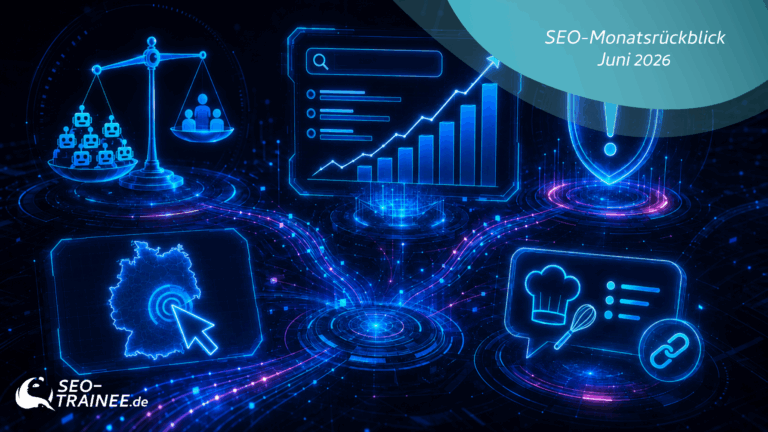 Neon-Infografik mit SEO-Chart, Bot-Waage, Spam-Schild, Deutschland-Klick und Rezept-Link-Icon