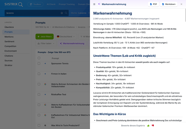 SISTRIX-AI Deep Dive-Ansicht zur Markenwahrnehmung in KI-Antworten mit Stimmungswerten
