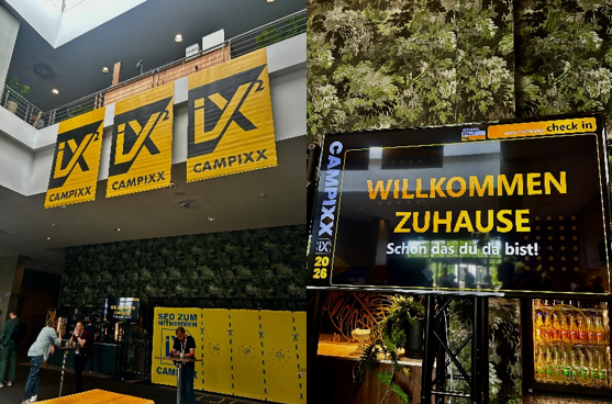 Zwei Fotos von der CAMPIXX-Konferenz mit gelben Bannern und Willkommens-Bildschirm