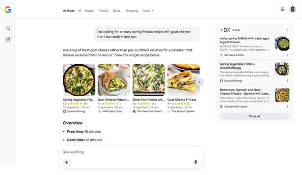 Google AI Mode zeigt Rezeptvorschläge für Frittata mit Ziegenkäse und Quellenpanel rechts